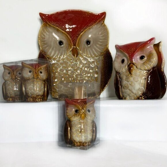 Owl Kitchen Dinning Functional Decor Artisan Glazed Hand Painted Ceramic 4 Piece - Picture 2 of 16